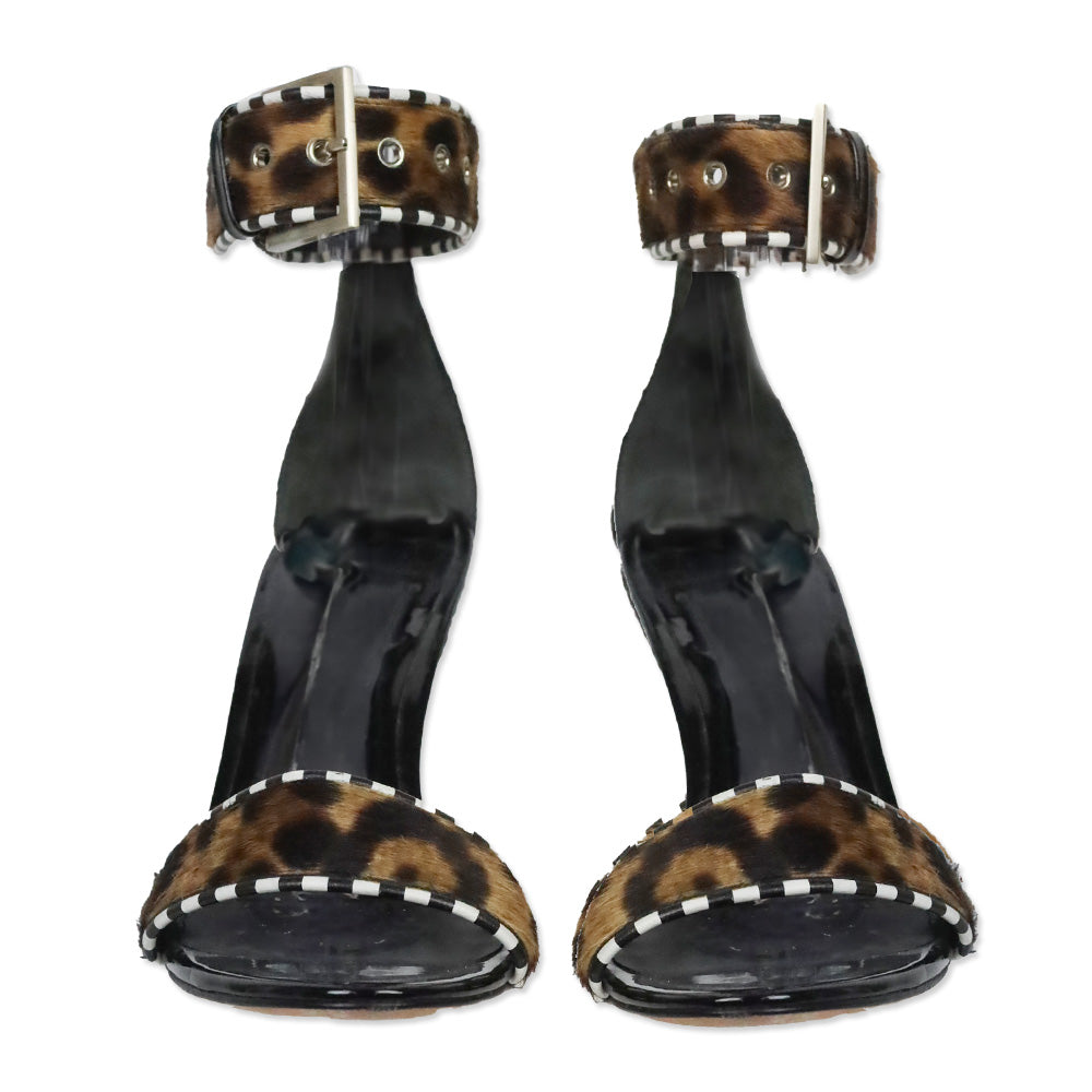 Brian Atwood Sabinas Black Patent/Stripe Leather/Leopard Calf Hair Jute Wedge Sandals