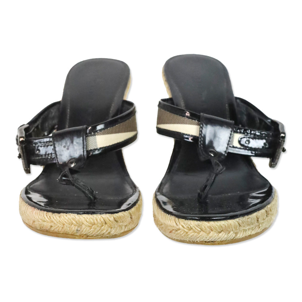 Burberry Black Patent/Nova Check Coated Canvas Espadrille Wedge Thong Sandals