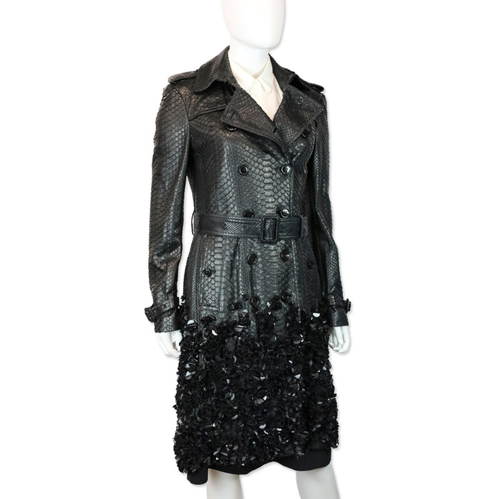 Burberry Black Python Leather Crushed Sequin Double-Breasted Trench Coat