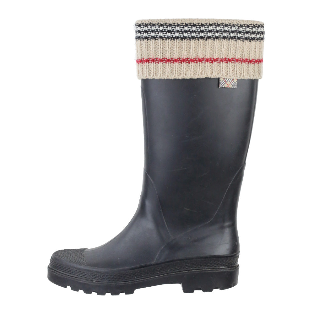Burberry Black Rubber Rain Boot with Check Knit Trim