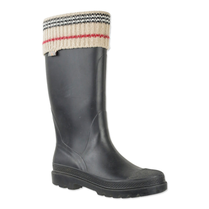 Burberry Black Rubber Rain Boot with Check Knit Trim