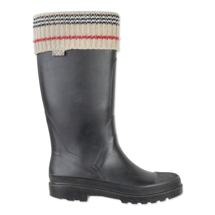 Burberry Black Rubber Rain Boot with Check Knit Trim