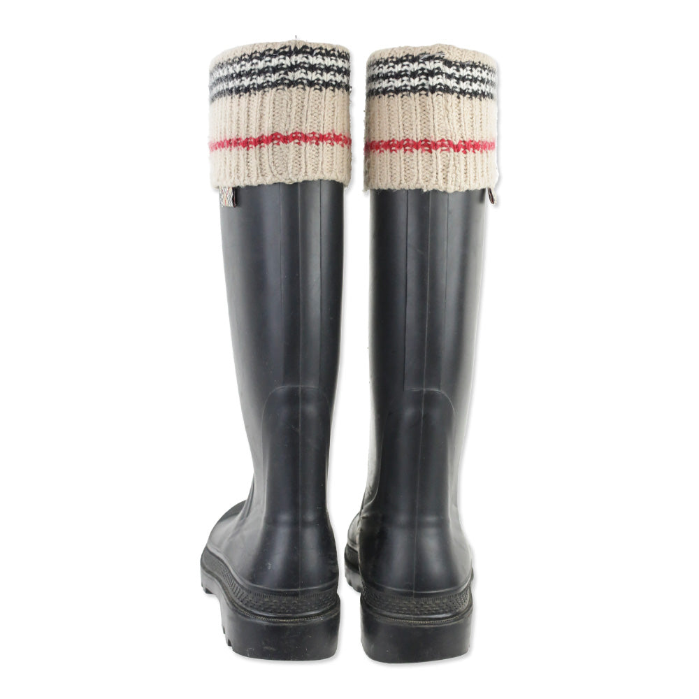 Burberry Black Rubber Rain Boot with Check Knit Trim