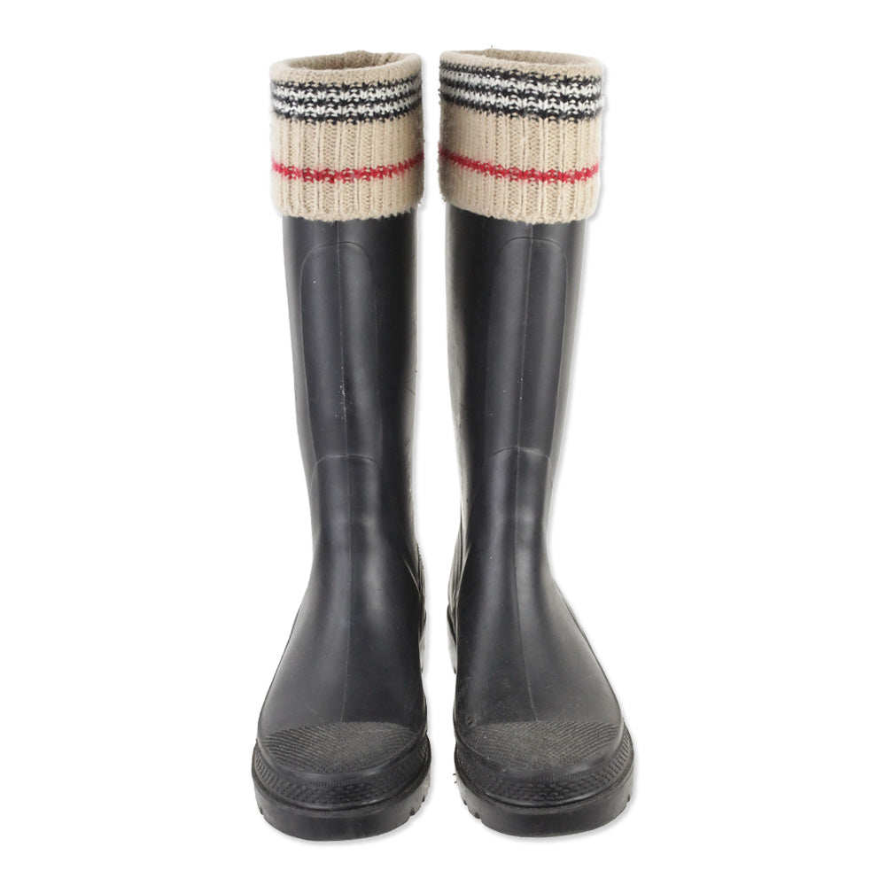 Burberry Black Rubber Rain Boot with Check Knit Trim