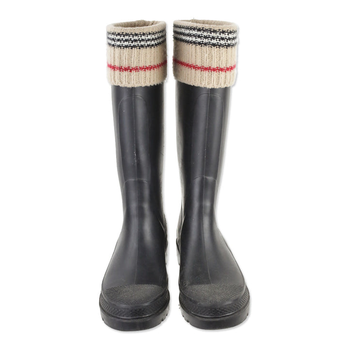Burberry Black Rubber Rain Boot with Check Knit Trim