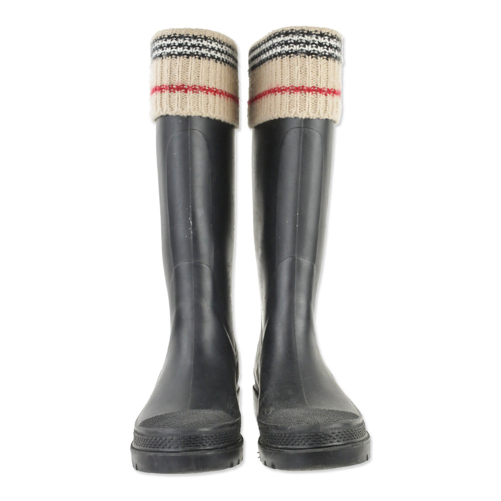 Burberry Black Rubber Rain Boot with Check Knit Trim
