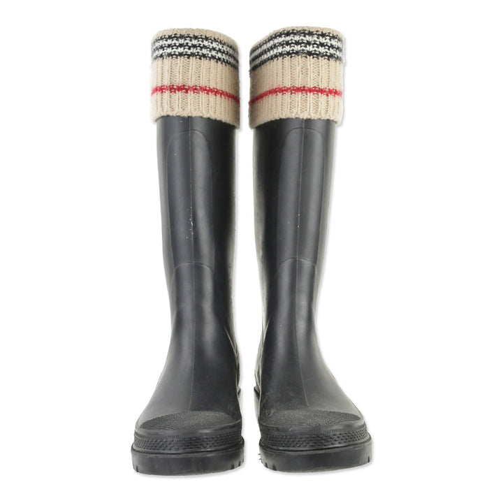 Burberry Black Rubber Rain Boot with Check Knit Trim