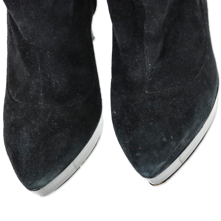 Burberry Black Suede Pointed Toe Platform Knee High Boot