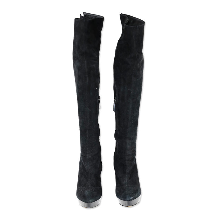 Burberry Black Suede Pointed Toe Platform Knee High Boot