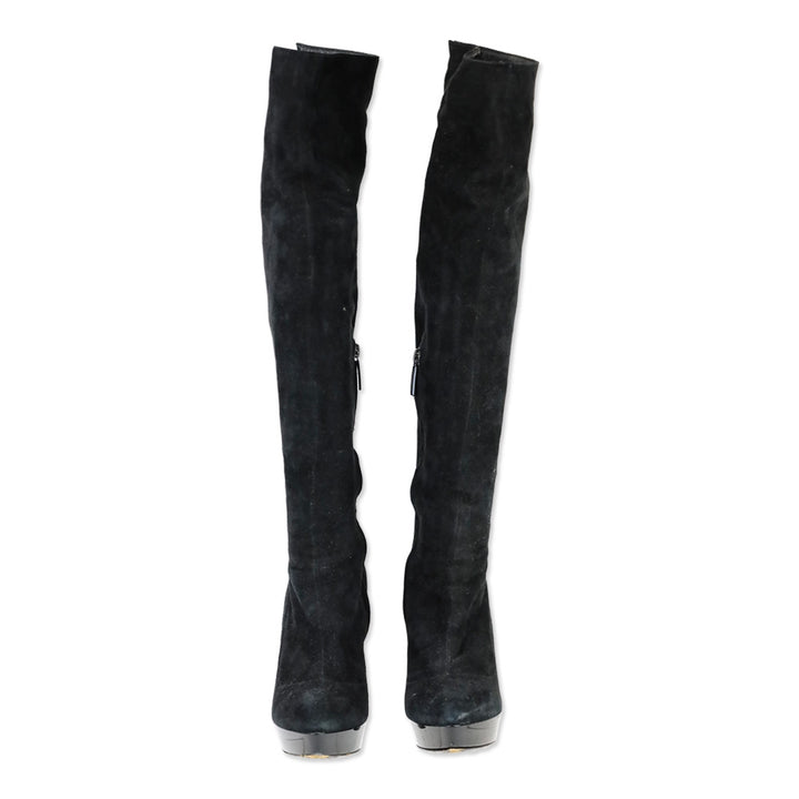 Burberry Black Suede Pointed Toe Platform Knee High Boot