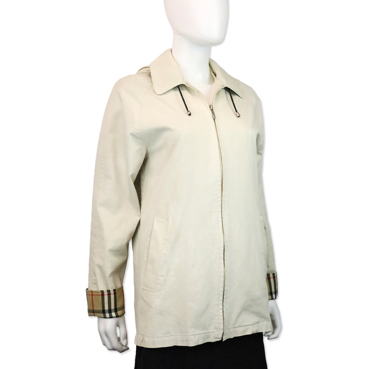 Burberry Blue Label Beige House Check Cuffed Zip Up Hooded Jacket
