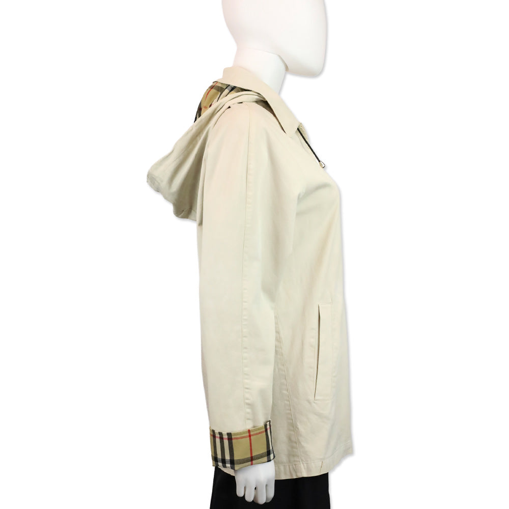 Burberry Blue Label Beige House Check Cuffed Zip Up Hooded Jacket