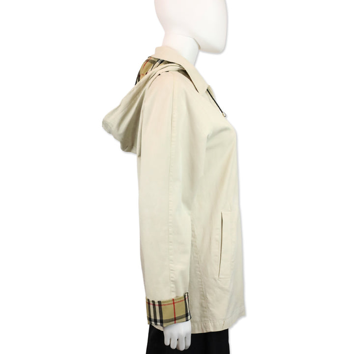 Burberry Blue Label Beige House Check Cuffed Zip Up Hooded Jacket