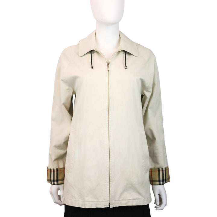 Burberry Blue Label Beige House Check Cuffed Zip Up Hooded Jacket
