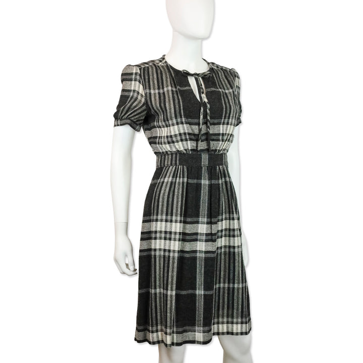 Burberry Brit Black Check Crepe Wool Keyhole Midi Dress