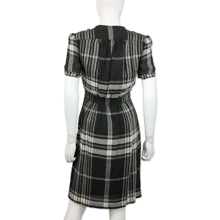 Burberry Brit Black Check Crepe Wool Keyhole Midi Dress