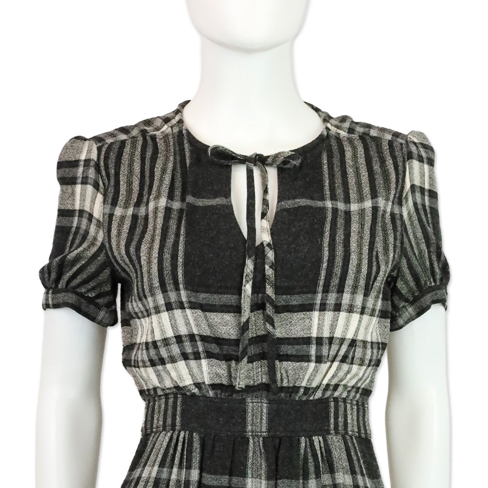 Burberry Brit Black Check Crepe Wool Keyhole Midi Dress