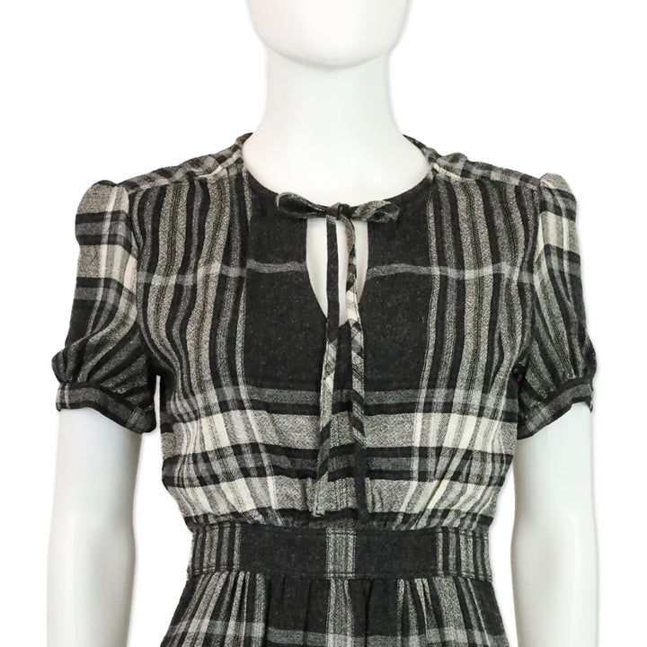 Burberry Brit Black Check Crepe Wool Keyhole Midi Dress