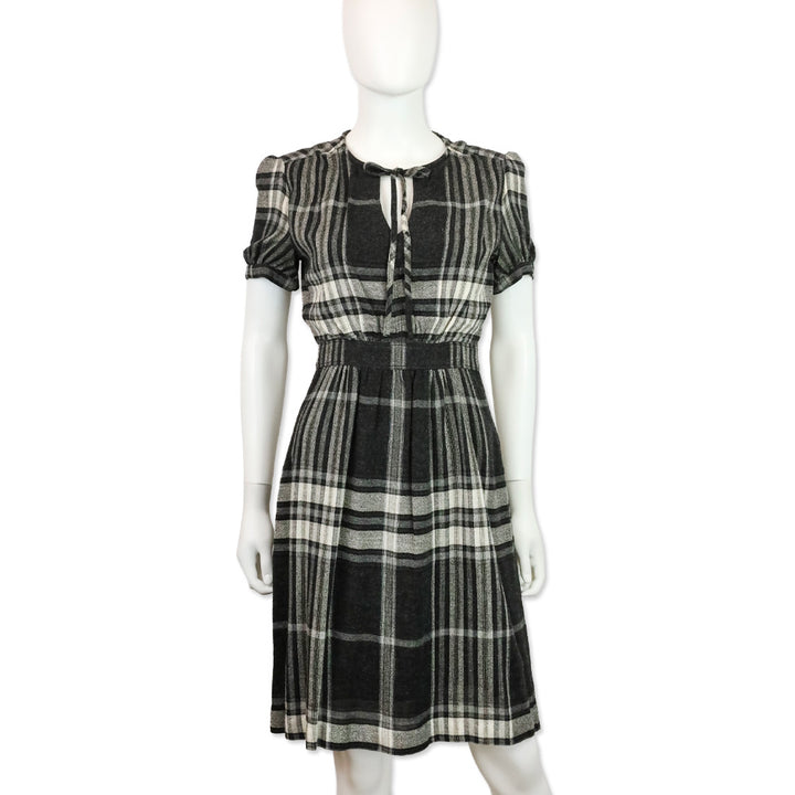 Burberry Brit Black Check Crepe Wool Keyhole Midi Dress
