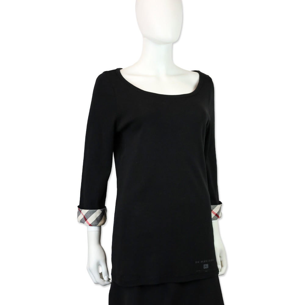 Burberry Brit Black Check Cuffed Scoop Neck Shirt
