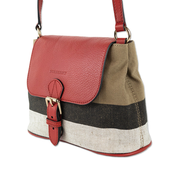 Burberry Brit Cadmium Red Grainy Leather Check Canvas Small Gowan Crossbody Bag