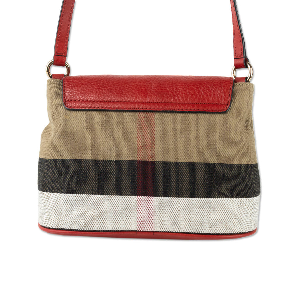 Burberry Brit Cadmium Red Grainy Leather Check Canvas Small Gowan Crossbody Bag