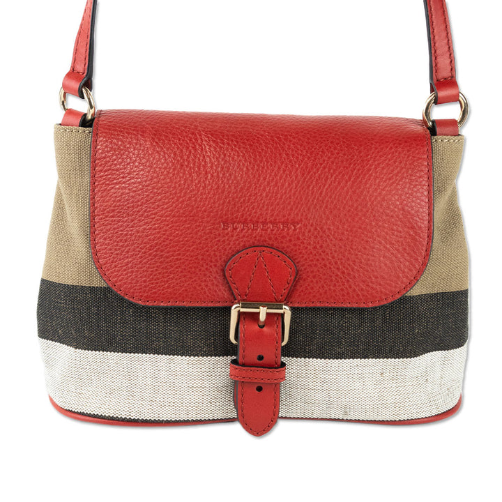 Burberry Brit Cadmium Red Grainy Leather Check Canvas Small Gowan Crossbody Bag