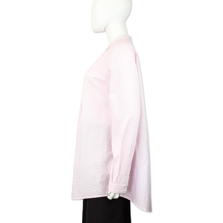 Burberry Brit Pink/White Striped Cotton Pleated Tuxedo Popover Placket Mandarin Collar Shirt