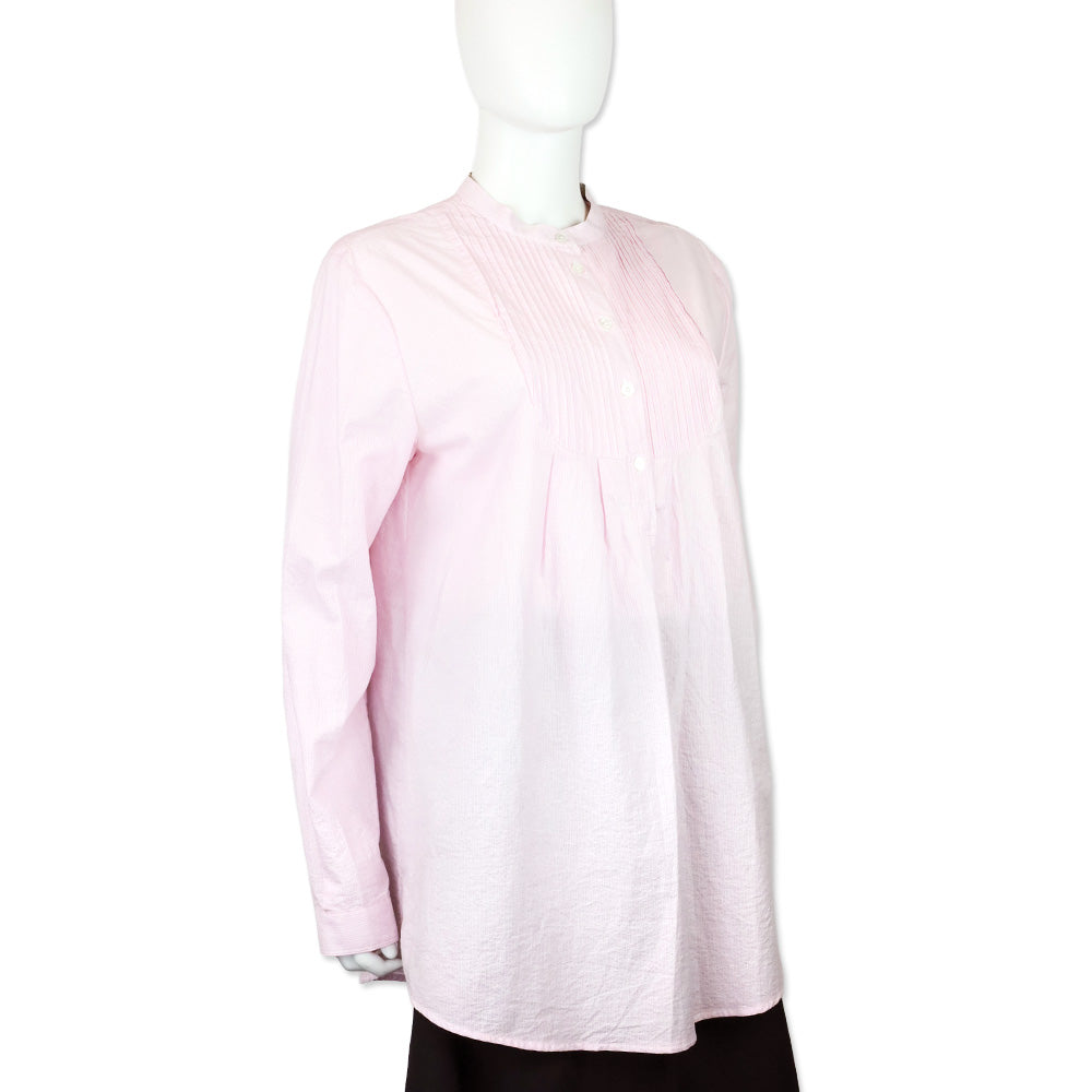 Burberry Brit Pink/White Striped Cotton Pleated Tuxedo Popover Placket Mandarin Collar Shirt