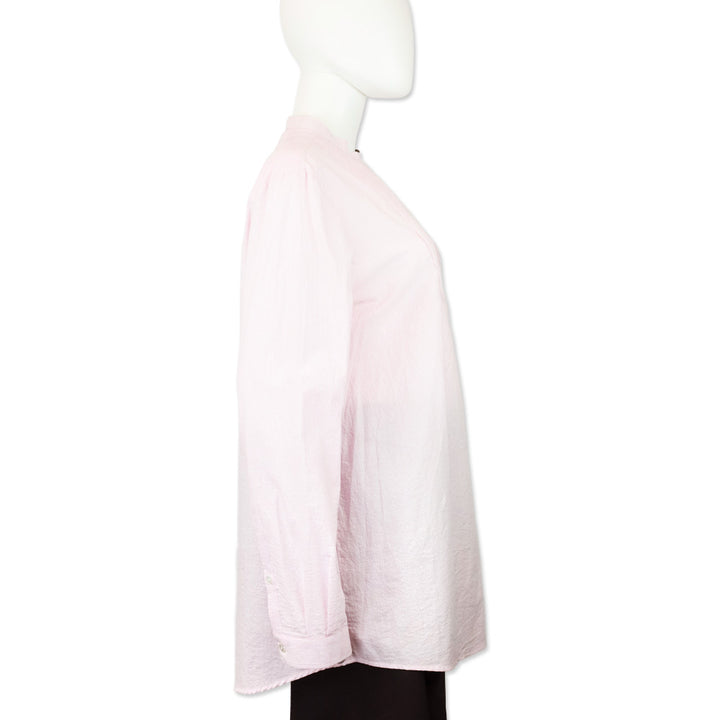 Burberry Brit Pink/White Striped Cotton Pleated Tuxedo Popover Placket Mandarin Collar Shirt