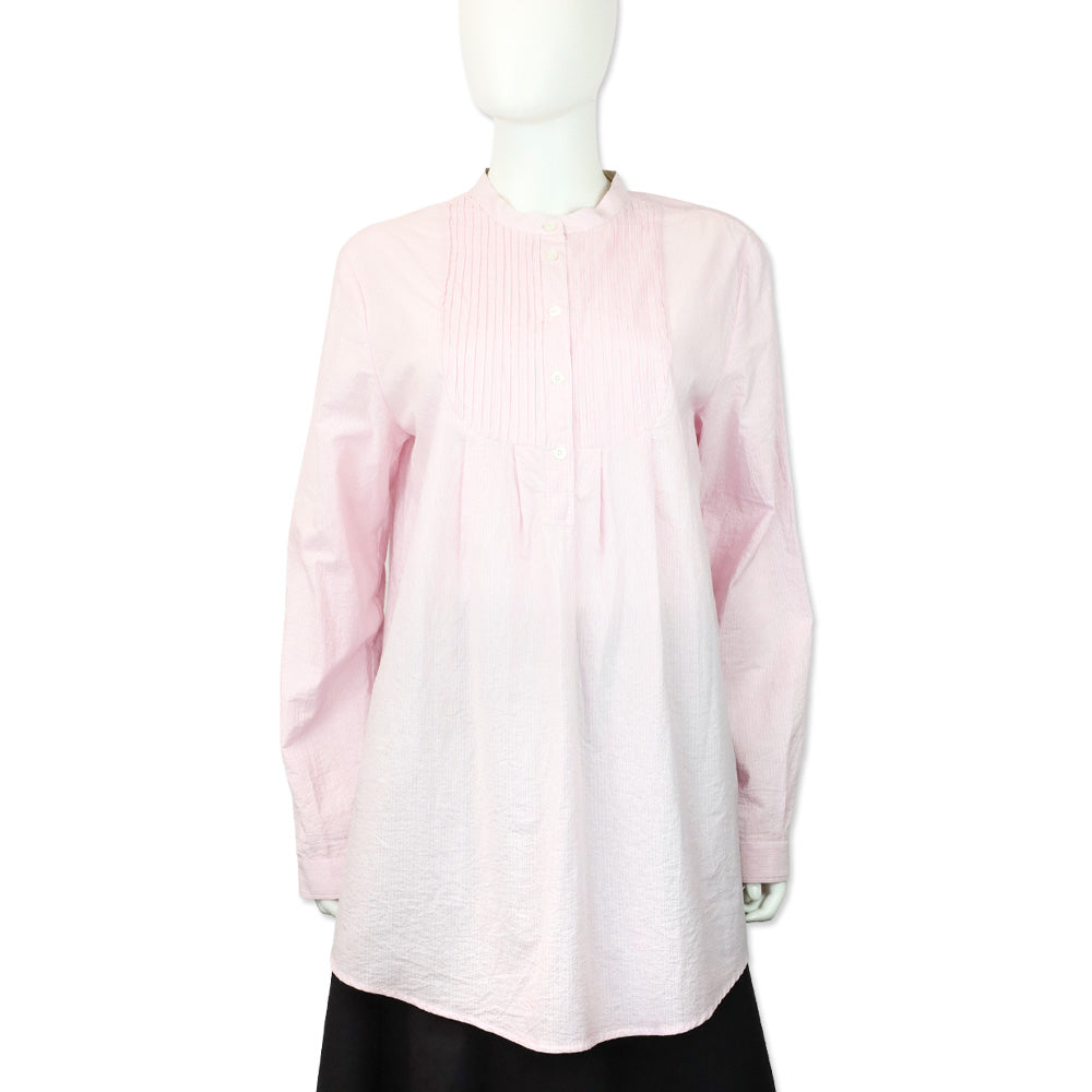 Burberry Brit Pink/White Striped Cotton Pleated Tuxedo Popover Placket Mandarin Collar Shirt