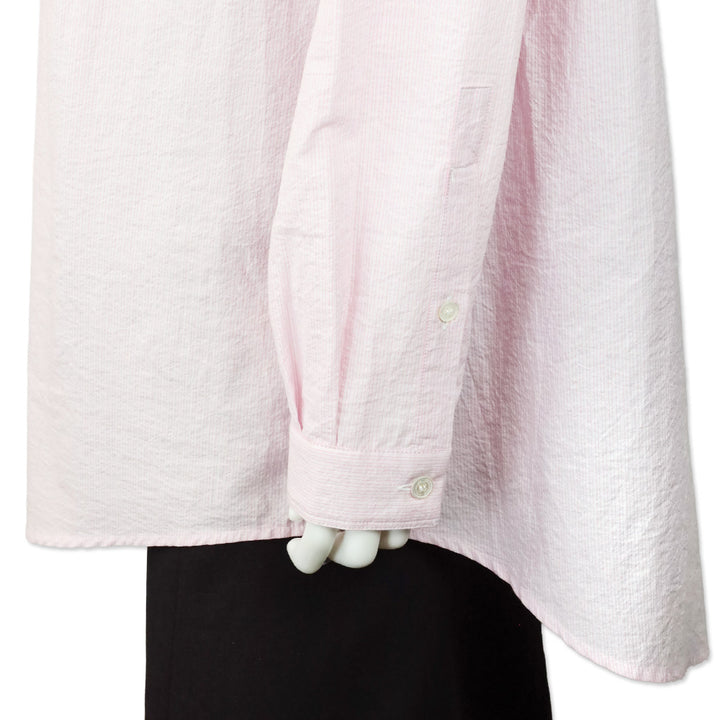 Burberry Brit Pink/White Striped Cotton Pleated Tuxedo Popover Placket Mandarin Collar Shirt