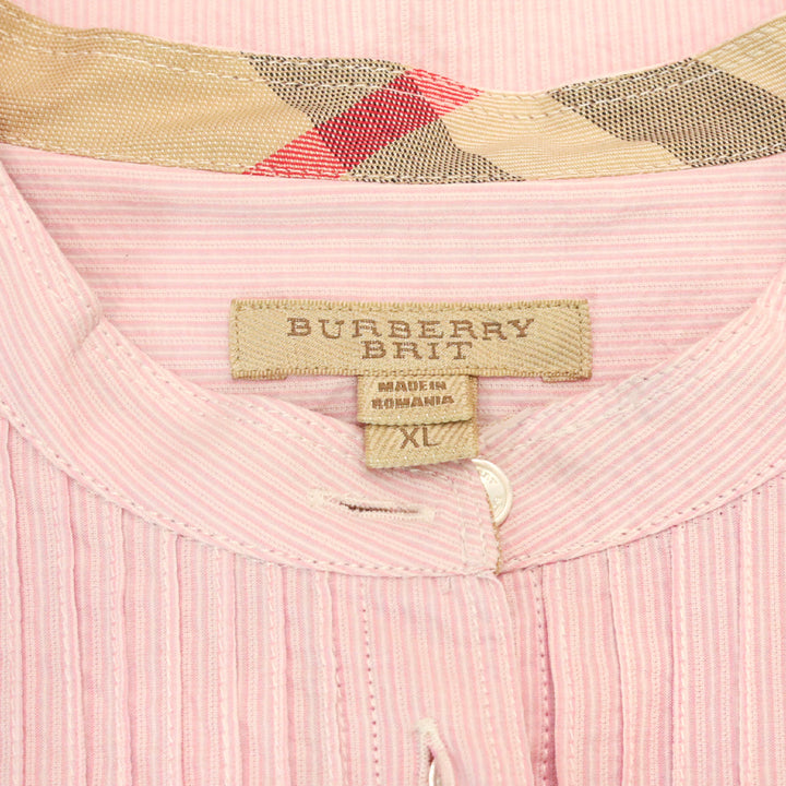 Burberry Brit Pink/White Striped Cotton Pleated Tuxedo Popover Placket Mandarin Collar Shirt