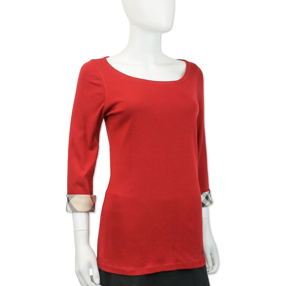 Burberry Brit Red Cotton Nova Check Cuff 3/4 Sleeve Top