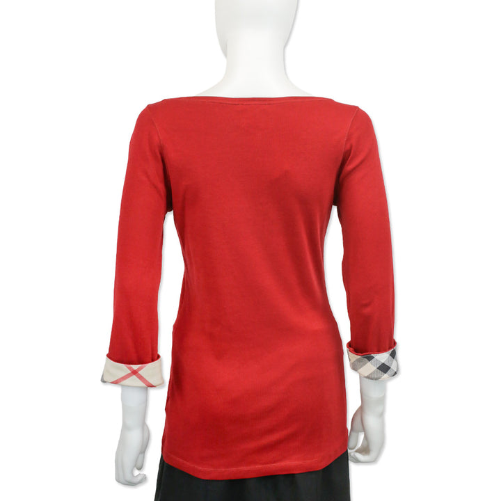 Burberry Brit Red Cotton Nova Check Cuff 3/4 Sleeve Top