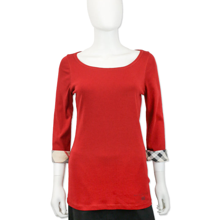 Burberry Brit Red Cotton Nova Check Cuff 3/4 Sleeve Top