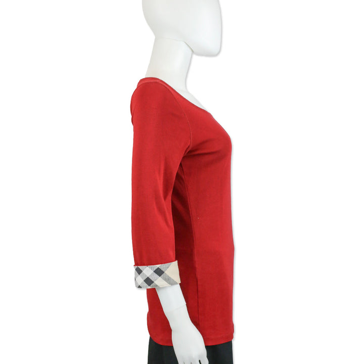 Burberry Brit Red Cotton Nova Check Cuff 3/4 Sleeve Top