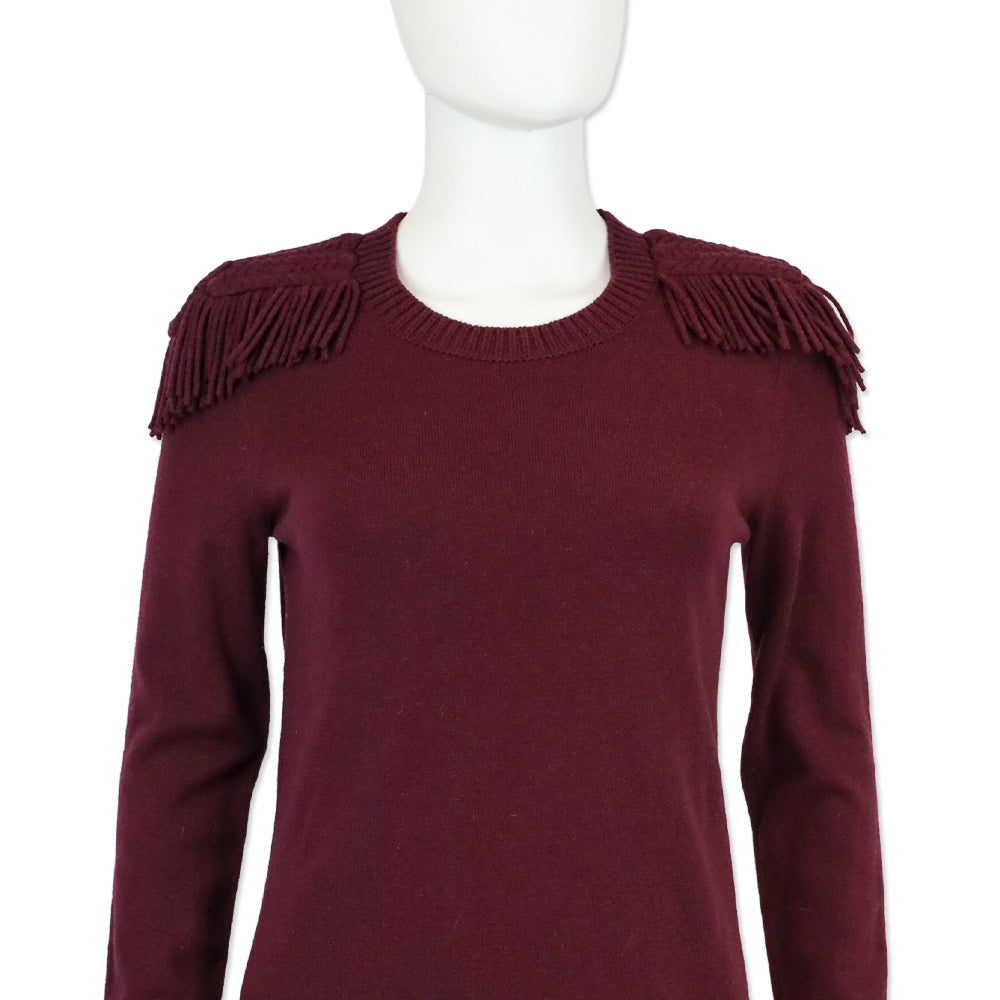 Burberry Burgundy Neto Wool & Cashmere Fringe Sweater Dress | DBLTKE Luxury Consignment Boutique Burberry Burgundy Neto Wool & Cashmere Fringe Sweater Dress | DBLTKE Luxury Consignment Boutique