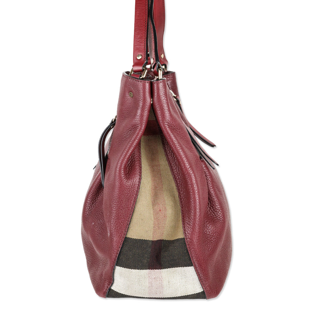 Burberry Burgundy Pebbled Leather/House Check Canvas Maidstone Tote