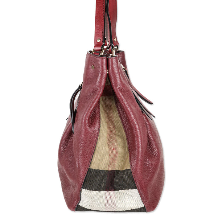Burberry Burgundy Pebbled Leather/House Check Canvas Maidstone Tote