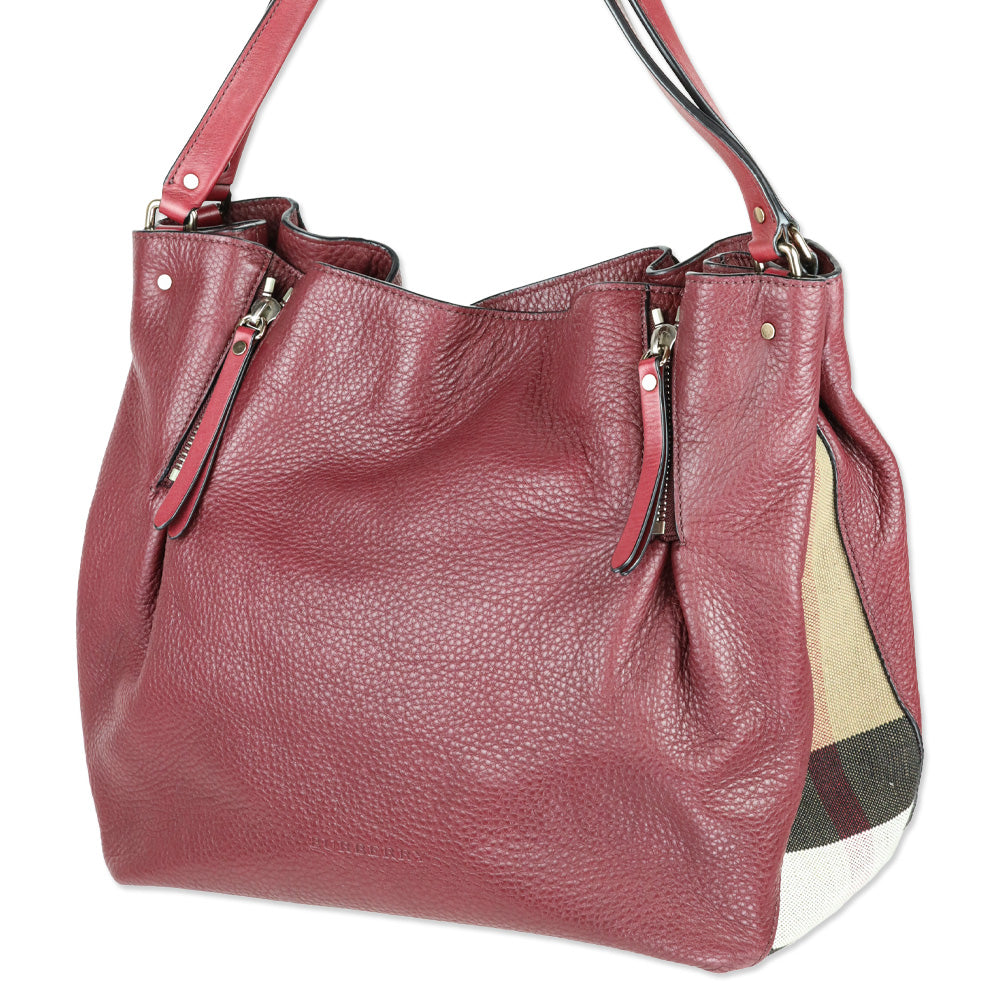 Burberry Burgundy Pebbled Leather/House Check Canvas Maidstone Tote