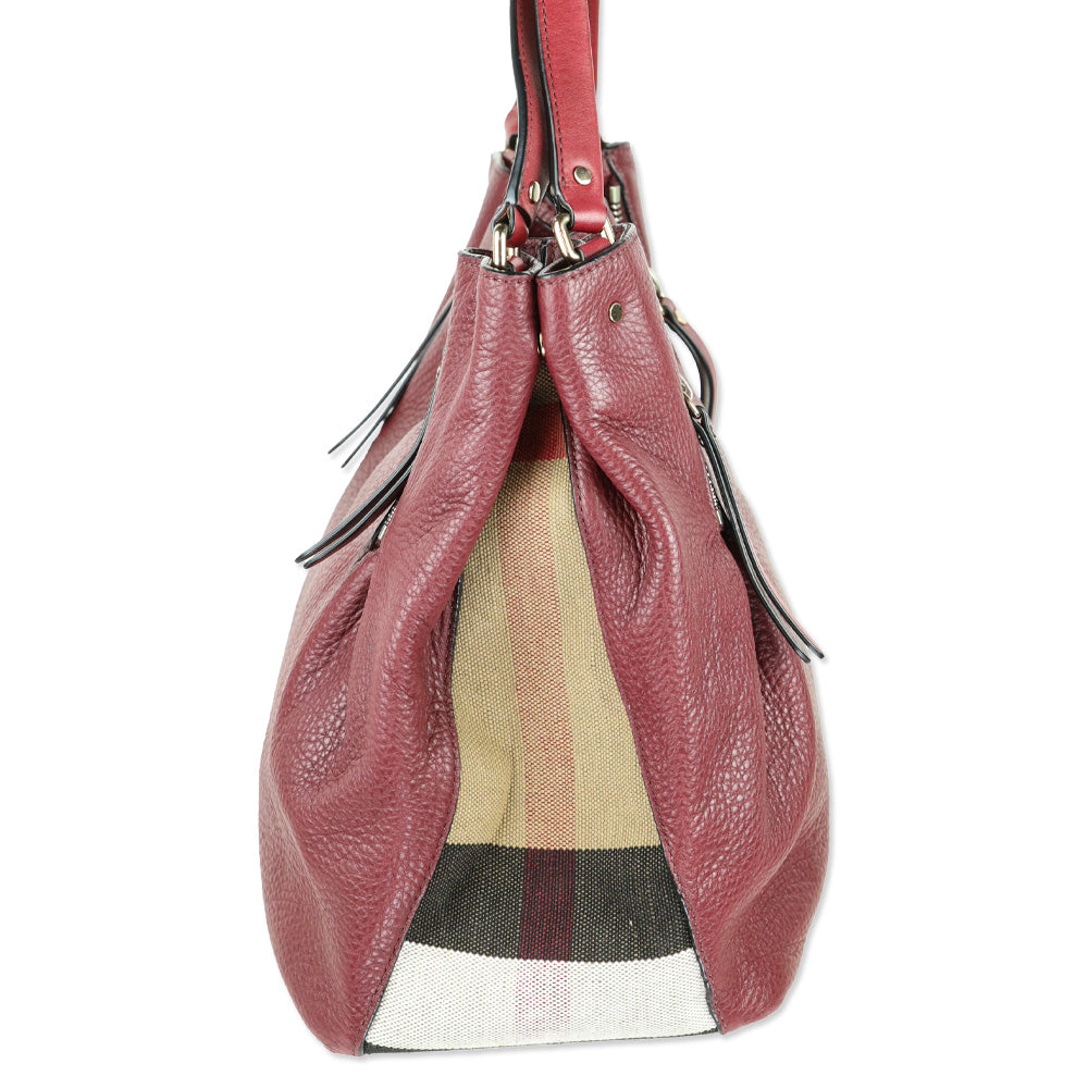Burberry Burgundy Pebbled Leather/House Check Canvas Maidstone Tote