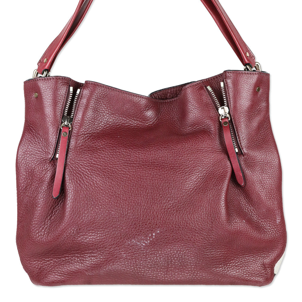 Burberry Burgundy Pebbled Leather/House Check Canvas Maidstone Tote