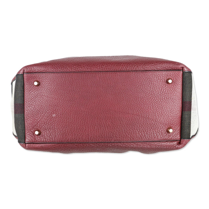 Burberry Burgundy Pebbled Leather/House Check Canvas Maidstone Tote