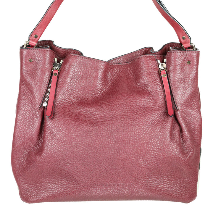 Burberry Burgundy Pebbled Leather/House Check Canvas Maidstone Tote