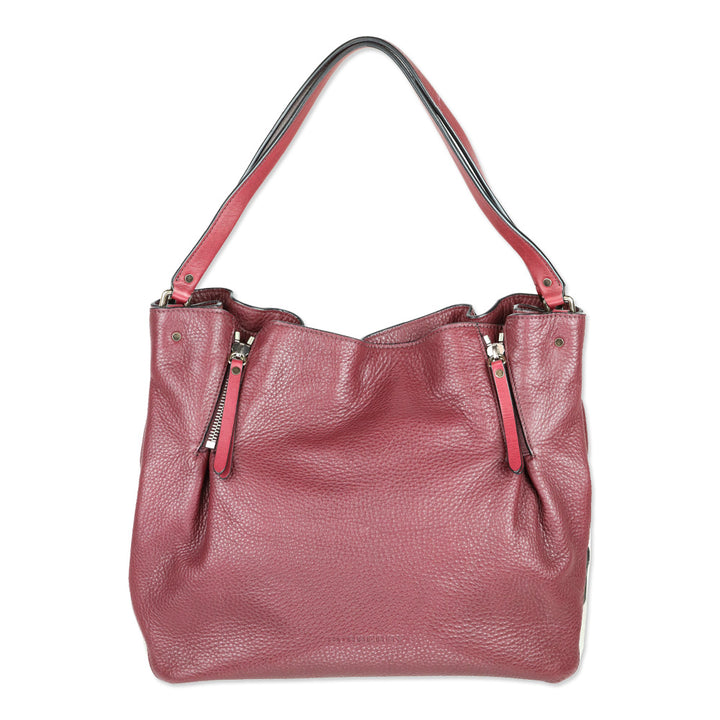 Burberry Burgundy Pebbled Leather/House Check Canvas Maidstone Tote