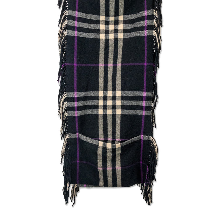 Burberry Fringe Cashmere/Wool Plaid Print Scarf With Pockets