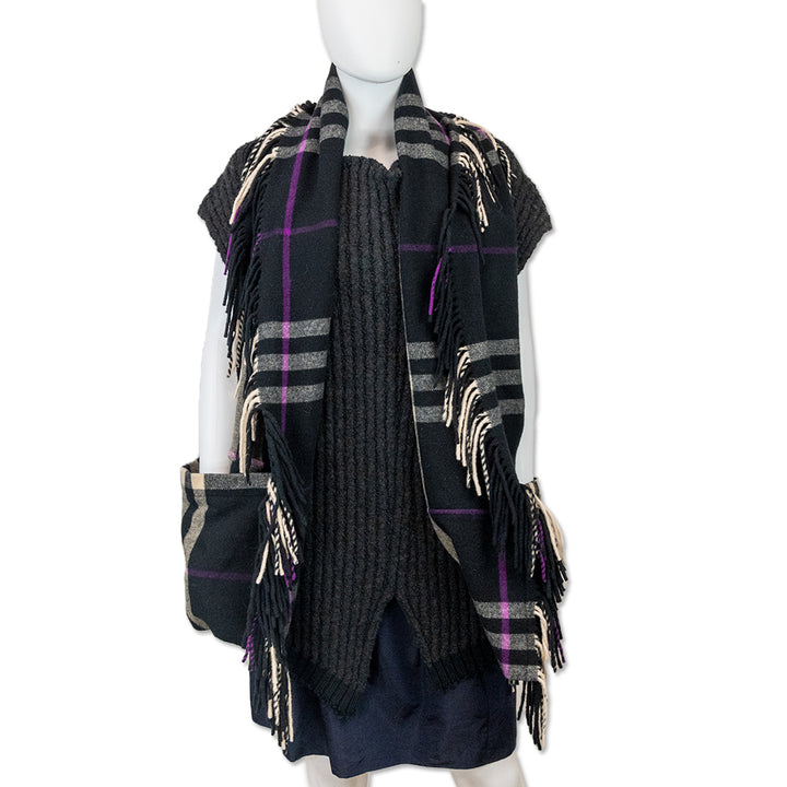 Burberry Fringe Cashmere/Wool Plaid Print Scarf With Pockets