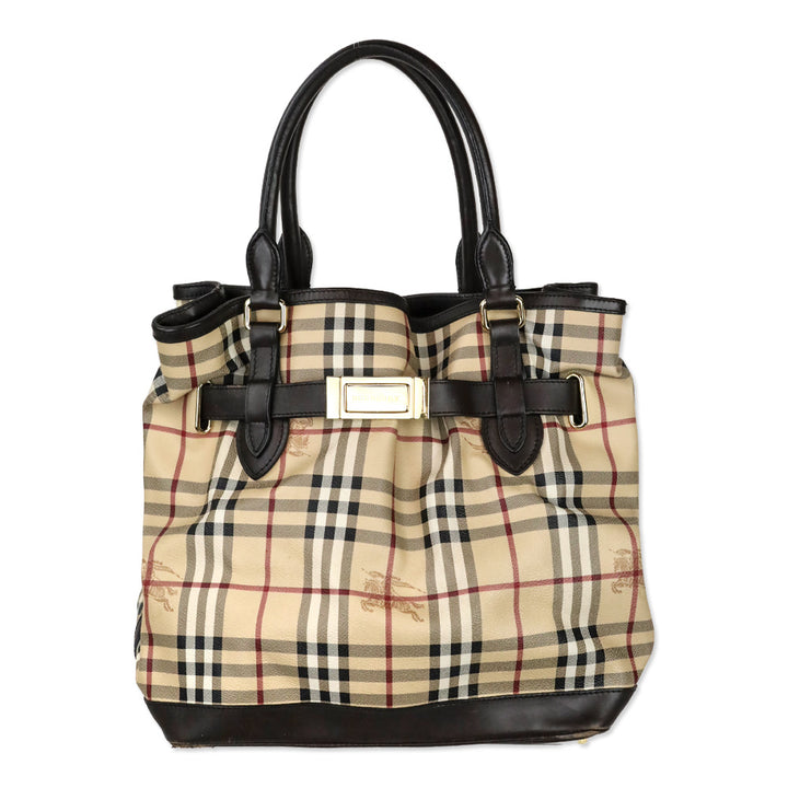 Burberry Golderton Haymarket Check Brown Leather Tote