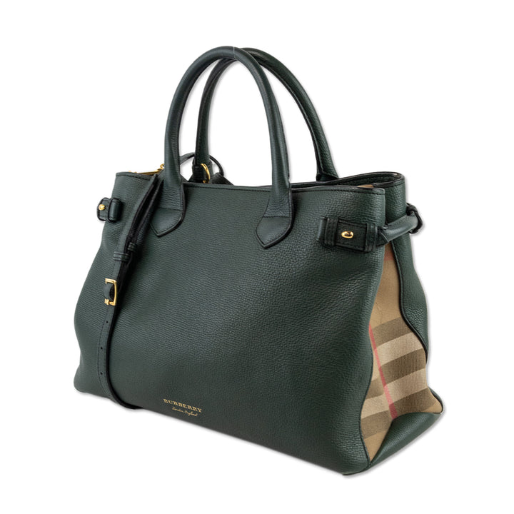 Burberry Green Leather Tote with Plaid Canvas Sides